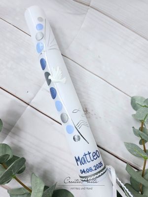 Kommunionkerze Kreise in Blau-Silber mit christlichen Symbolen